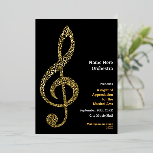 Treble clef Elegant Minimal Gold Music Notes Text 箔招待状 (立ち正面)
