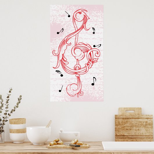 treble clef Red scrollwork sol note key poster ポスター (キッチン)