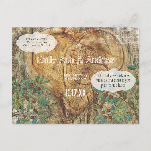 Tree素朴 Trunkのハート日付の保存 案内ポストカード (裏面)