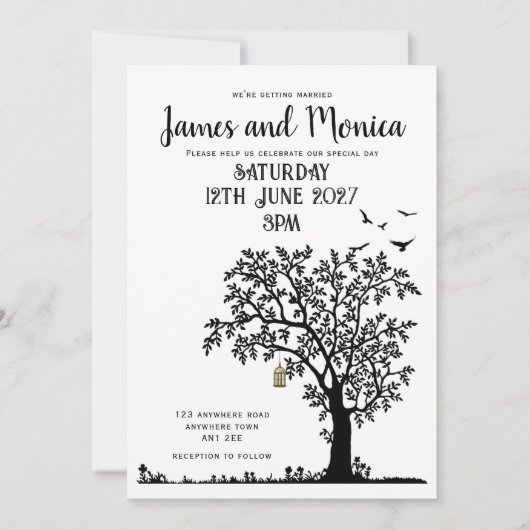 Tree/Bird Simple Black and White Wedding Invitatio 招待状 (正面)