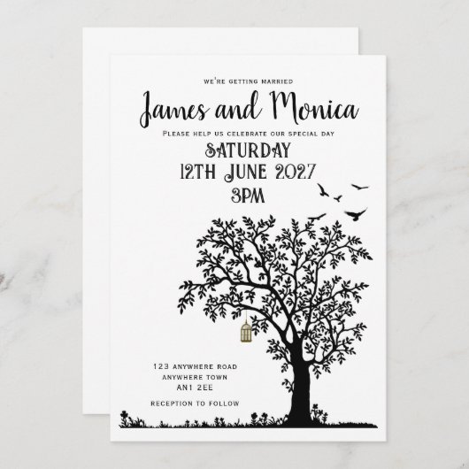 Tree/Bird Simple Black and White Wedding Invitatio 招待状 (正面/裏面)