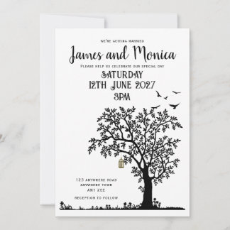 Tree/Bird Simple Black and White Wedding Invitatio 招待状
