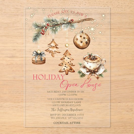 Tree Branch,Ornaments,Coffee,Stars Open House  アクリル招待状 (正面)