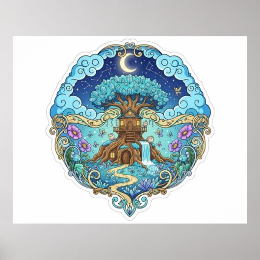 Tree House Under Moon Fantasy magical illustration ポスター (正面)
