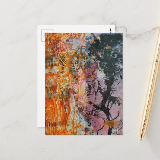 Tree Mixed Media Collage Pink Orange Blue Black ポストカード (正面/裏面インサイチュ)