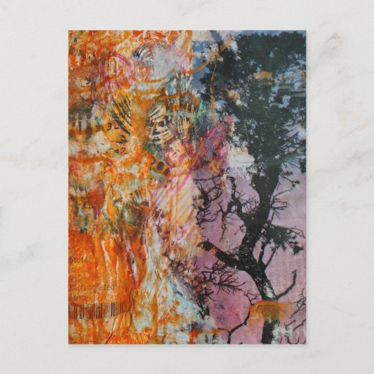 Tree Mixed Media Collage Pink Orange Blue Black ポストカード (正面)