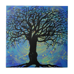 Tree of Lifeブルーパープルファンタジー絵画ズ タイル