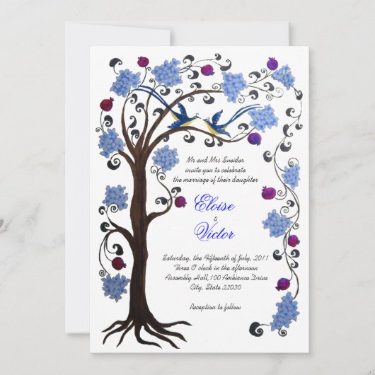 Tree of Life結婚式招待状(v)青/白 招待状 (正面)