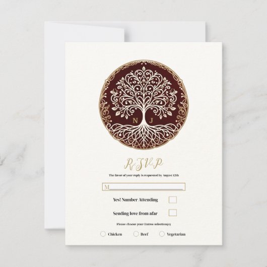 Tree of Life 素朴 Dark Red Celtic Wedding RSVP 招待状 (正面)