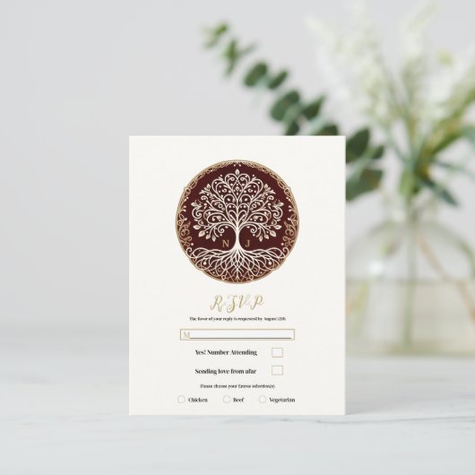 Tree of Life 素朴 Dark Red Celtic Wedding RSVP 招待状 (スタンド正面)