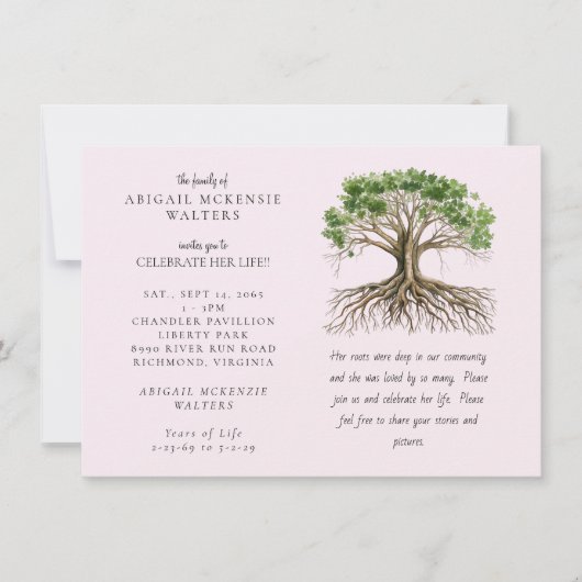 Tree of Life Deep Roots Pink Celebration of LIfe 招待状 (正面)