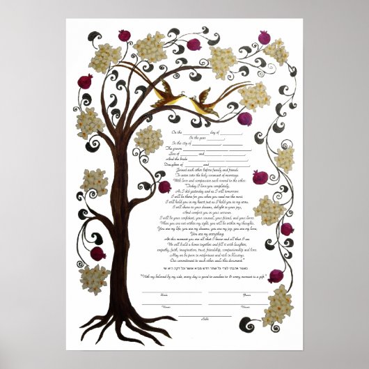 Tree of Life Ketubah & pomegranates、ポートレート(sw) ポスター (正面)