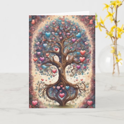 Tree of Life Pastel Hearts Valentine's Day カード (黄色い花)