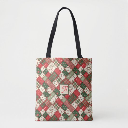 Tree pattern christmas  patchwork green red name トートバッグ (正面)