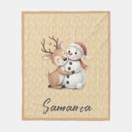 Tree pattern reindeer snowman orange beige name フリースブランケット