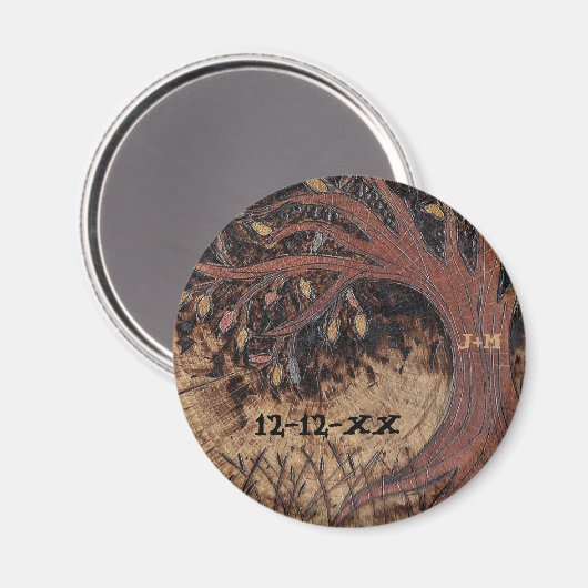 Tree Pyrography素朴日付の保存結婚式の引き出物 マグネット (正面/裏面)