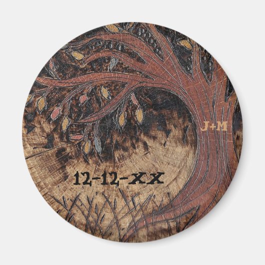 Tree Pyrography素朴日付の保存結婚式の引き出物 マグネット (正面)