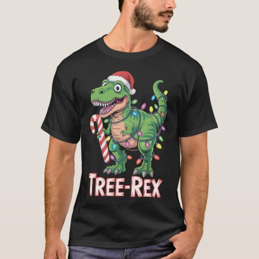 Tree-Rex – T-Rex mit Zuckerstange & Lichtern Tシャツ (正面)