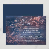 Tree String Lights素朴 Forest Blue結婚's 招待状 (正面/裏面)