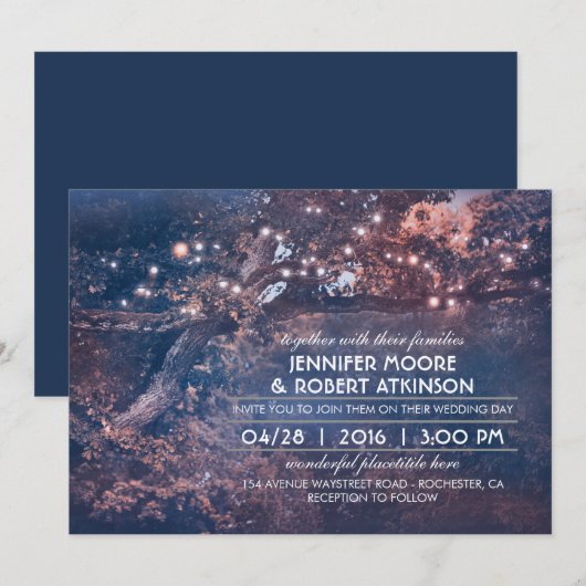 Tree String Lights素朴 Forest Blue結婚's 招待状 (正面/裏面)