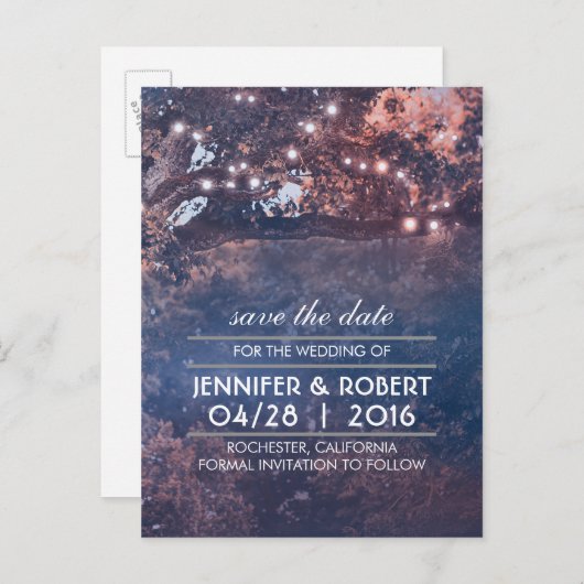 Tree String Lights Blue日付の保存 案内ポストカード (正面/裏面)