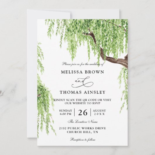 Tree Weeping Willow Budget QR Code Wedding 招待状 (正面)
