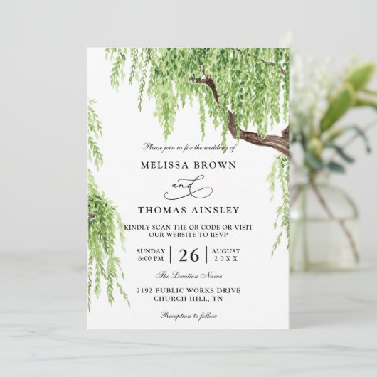 Tree Weeping Willow Budget QR Code Wedding 招待状 (スタンド正面)