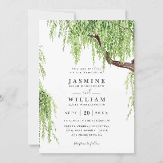 Tree Weeping Willow Rustic Budget QR Code Wedding 招待状 (正面)