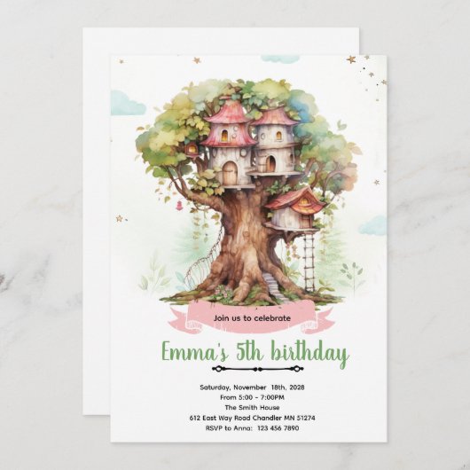 Treehouse girl party invitation 招待状 (正面/裏面)