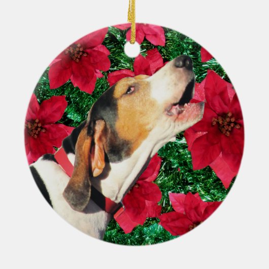 Treeingの歩行者のCoonhoundのポインセチア セラミックオーナメント (裏面)
