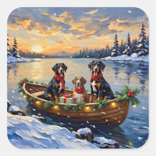 Treeing Walker Coonhound Christmas Boat Holiday スクエアシール (正面)