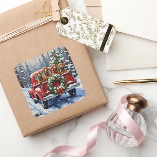 Treeing Walker Coonhound Christmas Red Truck スクエアシール (ギフト)
