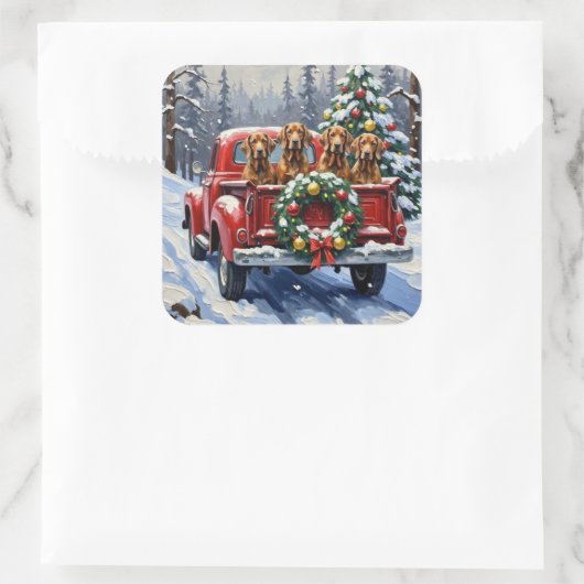 Treeing Walker Coonhound Christmas Red Truck スクエアシール (バッグ)