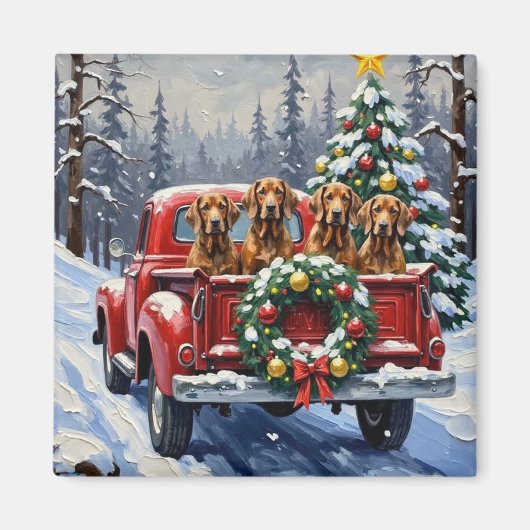 Treeing Walker Coonhound Christmas Red Truck マグネット (正面)