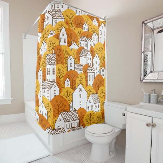 Trees and houses seamless pattern. Autumn, fall ci シャワーカーテン (インサイチュ)