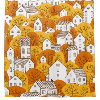 Trees and houses seamless pattern. Autumn, fall ci シャワーカーテン