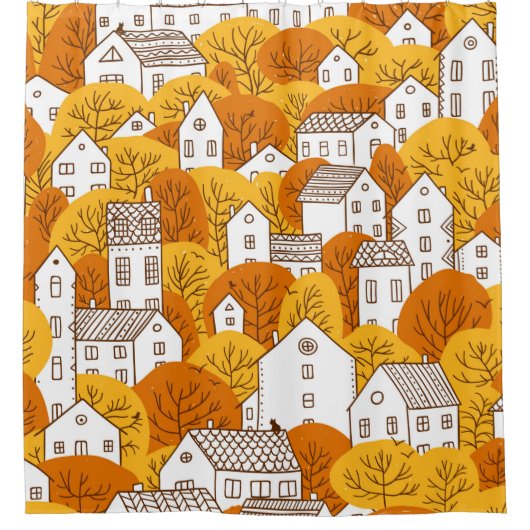 Trees and houses seamless pattern. Autumn, fall ci シャワーカーテン (正面)