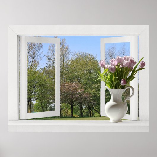 Trees in Springtime - Open Window View with Tulips ポスター (正面)
