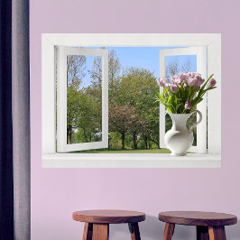 Trees in Springtime - Open Window View with Tulips ポスター