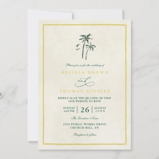 Trees Palm Coastal Drift Beach QR Code Wedding 招待状 (正面)