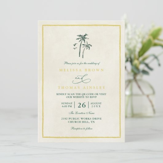 Trees Palm Coastal Drift Beach QR Code Wedding 招待状 (スタンド正面)