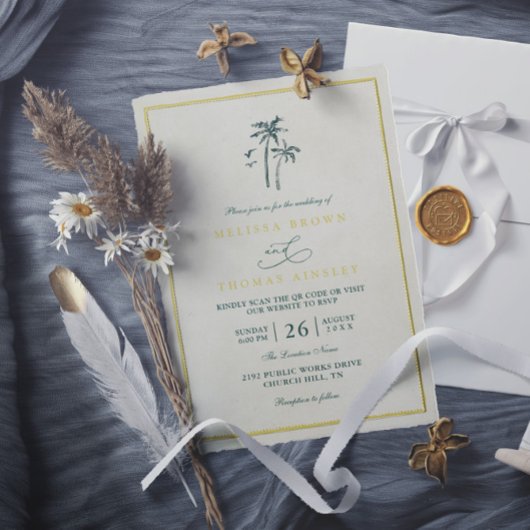 Trees Palm Coastal Drift Beach QR Code Wedding 招待状