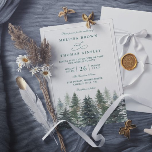 Trees Pine Rustic Forest Elegant QR Code Wedding 招待状