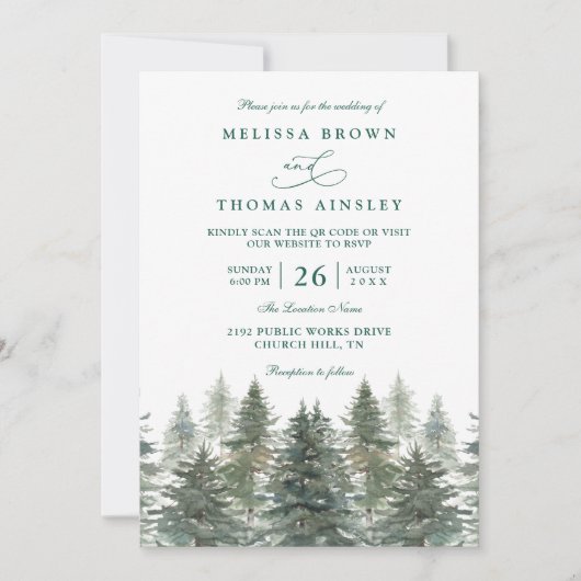 Trees Pine Rustic Forest Elegant QR Code Wedding 招待状 (正面)