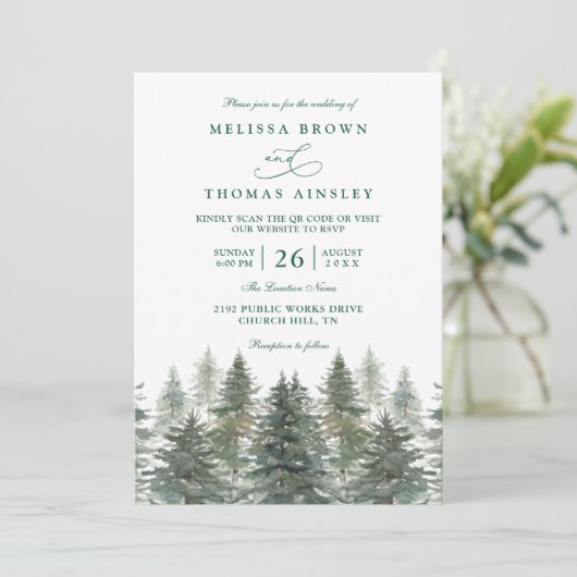 Trees Pine Rustic Forest Elegant QR Code Wedding 招待状 (スタンド正面)