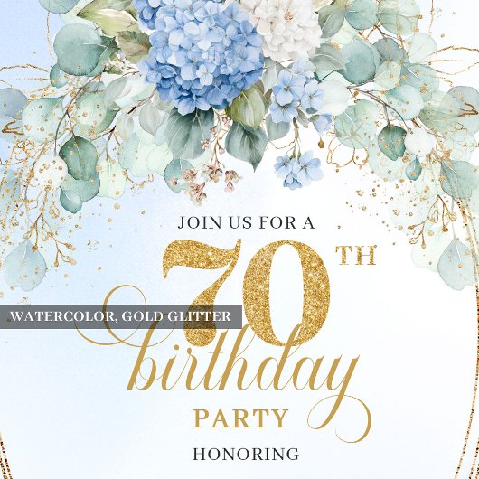 Trendy 70th Birthday Pastel Blue Floral Invitation 招待状