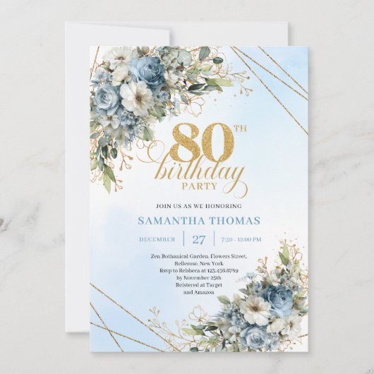 Trendy 80th Birthday Invitation Blue White Florals 招待状 (正面)