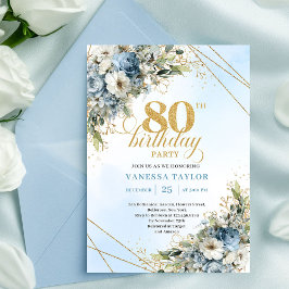 Trendy 80th Birthday Invitation Blue White Florals 招待状