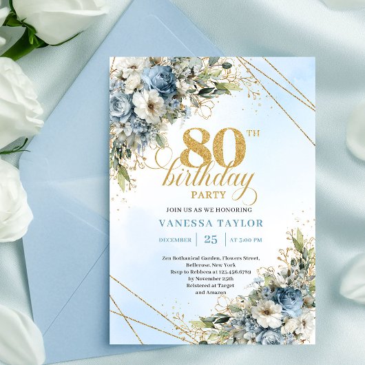 Trendy 80th Birthday Invitation Blue White Florals 招待状