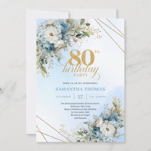 Trendy 80th Birthday Invitation Blue White Florals 招待状 (正面)